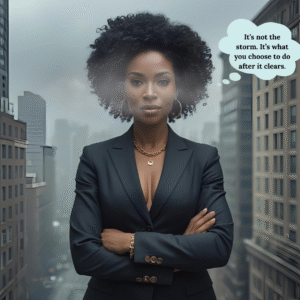 Black woman standing in a misty city street with a thought bubble that says: ‘It’s not the storm. It’s what you choose to do after it clears.