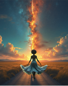 A Black woman in a flowing dress walking toward a cosmic burst of light on the horizon, symbolizing clarity, purpose, and vision.