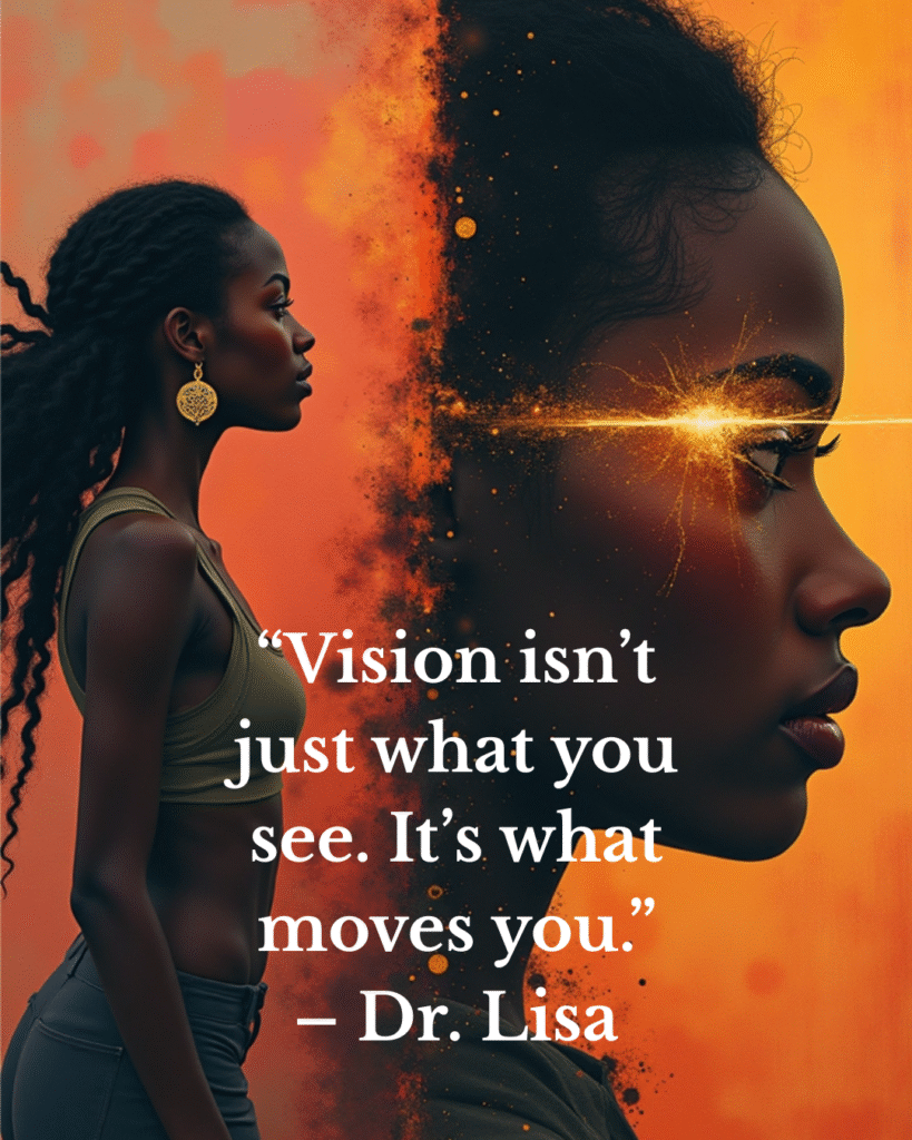 Two profiles of a Black woman against a glowing orange backdrop, with one side radiating energy from her temple. Overlaid quote: “Vision isn’t just what you see. It’s what moves you.” – Dr. Lisa