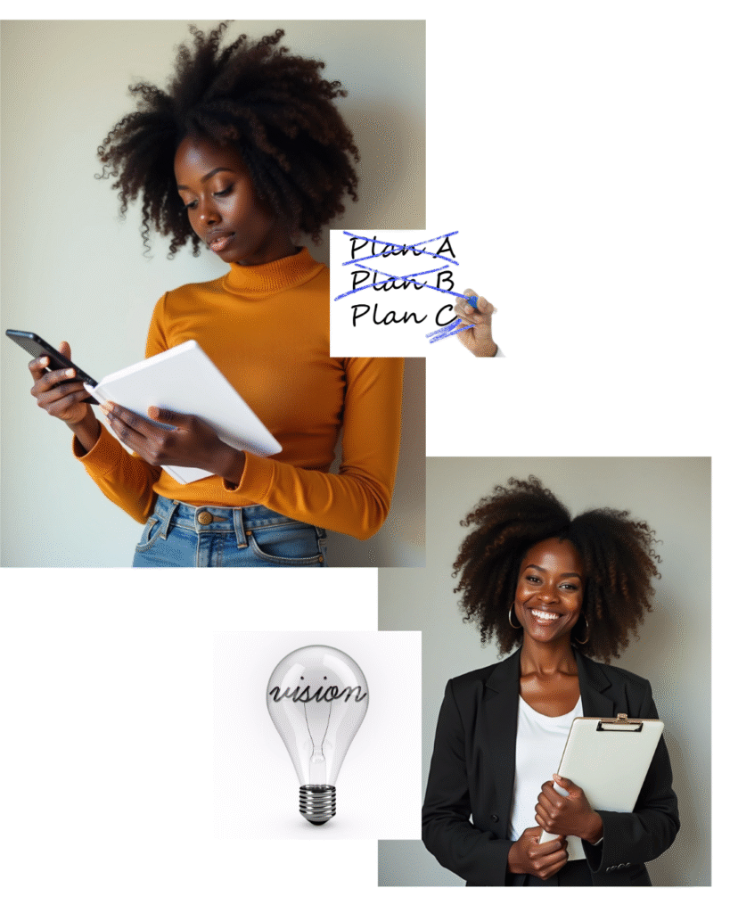 Two Black women; One  is perplexed and making a plans. While the other A confident Black woman smiling while holding a notebook , representing intentional planning, clarity, and grounded leadership.