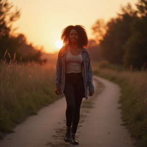 Black woman walking forward on a quiet road at sunset, symbolizing legacy over likes