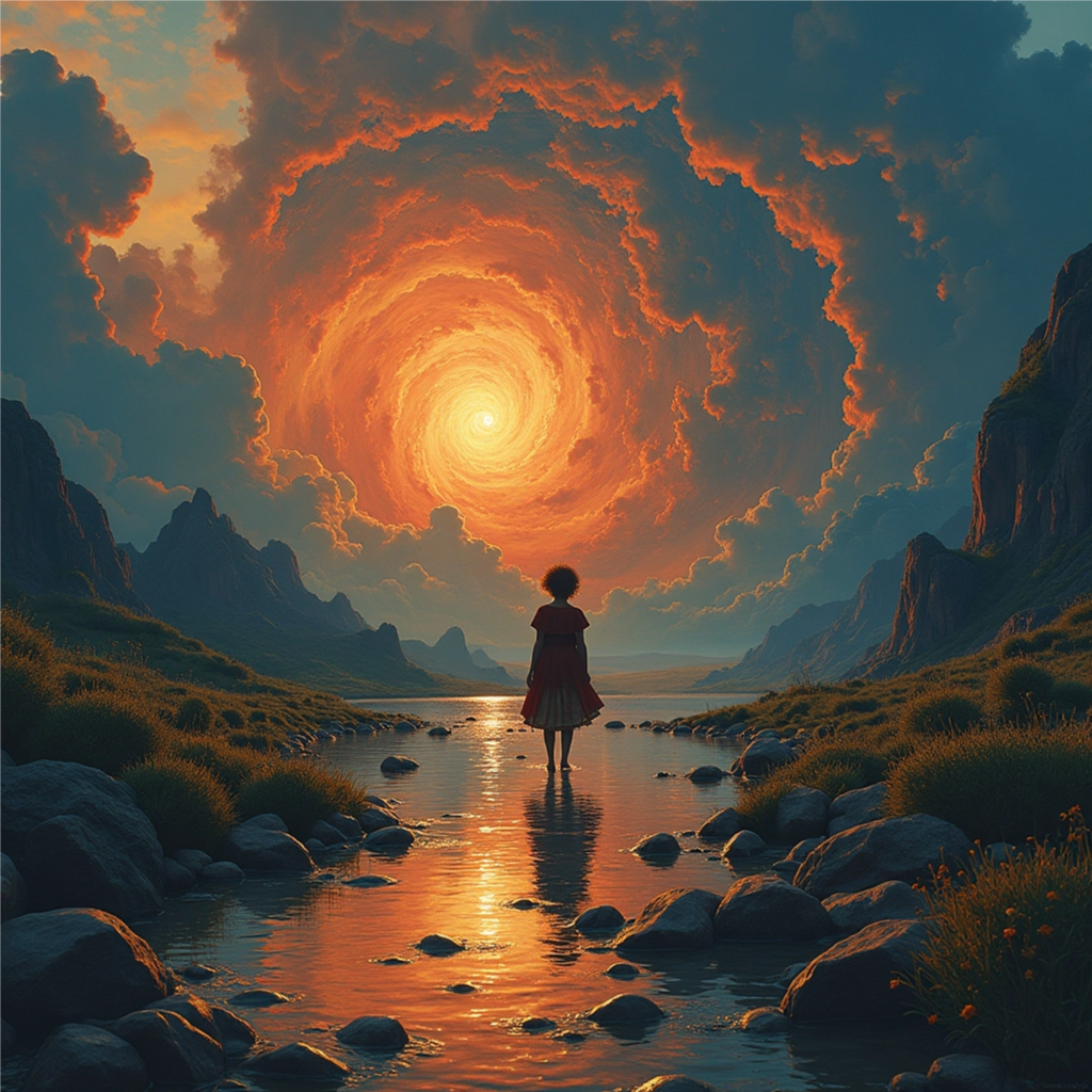 Woman facing a swirling orange sky, symbolizing purpose-driven legacy