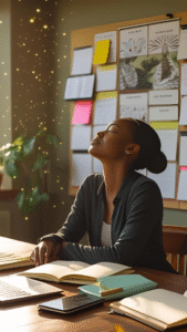 A young Black woman sits at a desk surrounded by open notebooks and a laptop, her eyes gently closed in reflection. Behind her, a wall filled with post-it notes, images, and vision board materials glows with warm light, suggesting creativity, clarity, and alignment.