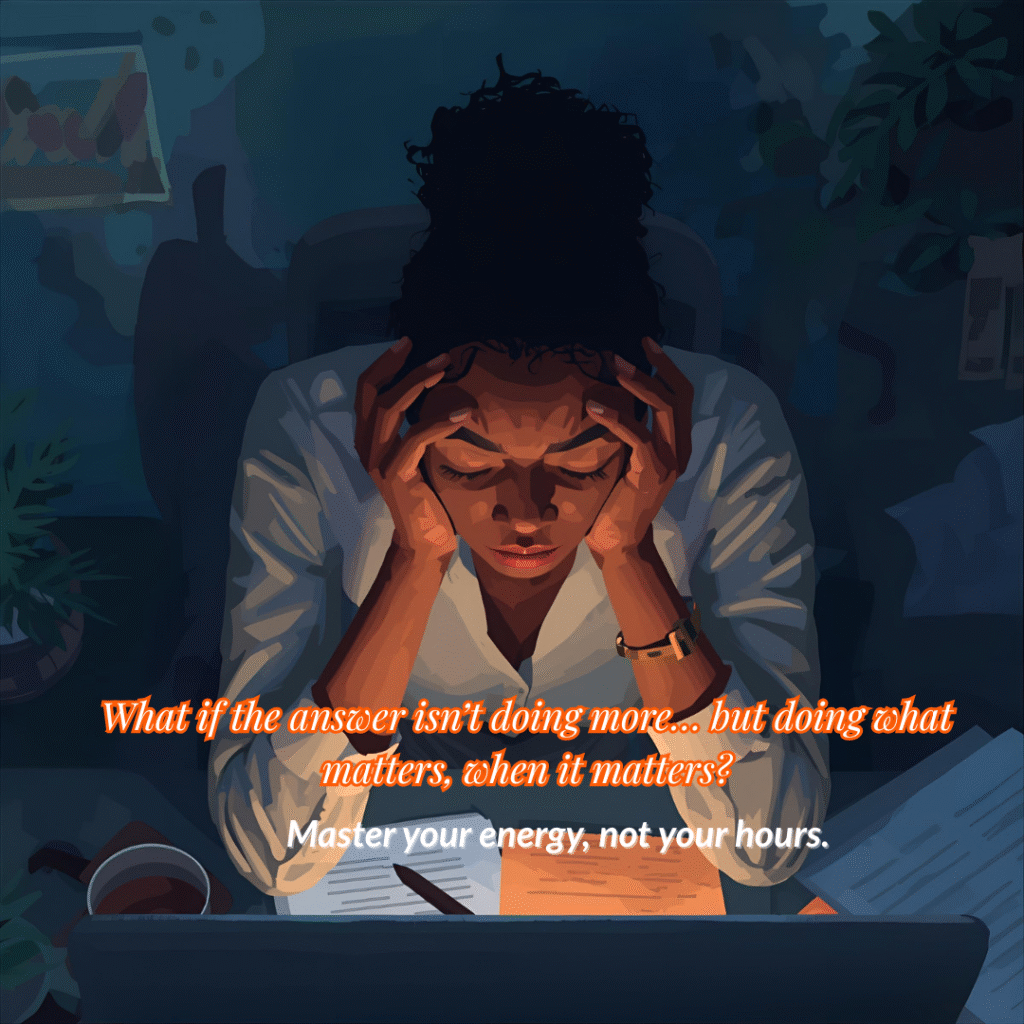 A Black woman sitting at her desk with her head in her hands, surrounded by papers and a glowing laptop light, symbolizing mental overload and the need to manage energy rather than time. Text overlay reads: ‘What if the answer isn’t doing more… but doing what matters, when it matters? Master your energy, not your hours