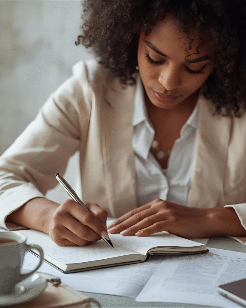 Focus of a woman journaling at a desk, with a notebook and tea beside her — clarity in process.