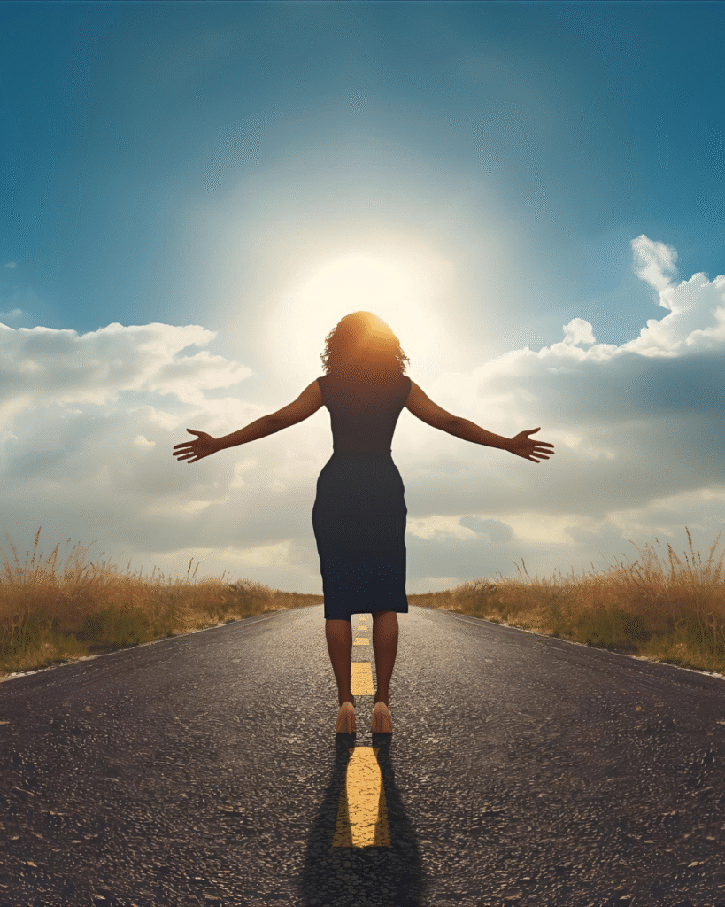 A Black woman standing at a crossroads or open path, sunlight breaking through clouds — symbolizes decision and direction.