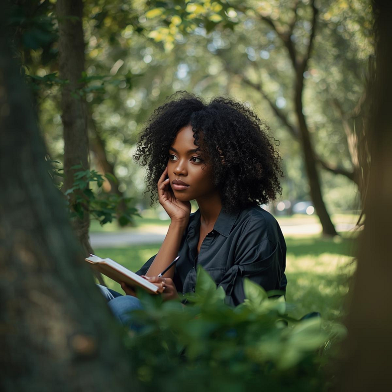 Black woman seated outdoors reading a book in natural light, calm and focused, suggesting thoughtful pause and deliberate reflection rather than productivity.