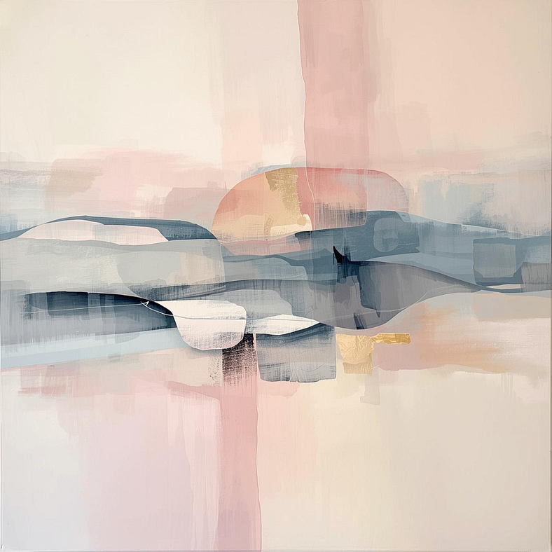 Abstract layered shapes in muted tones overlapping gently, suggesting structure, accumulation, and emerging order without sharp boundaries.