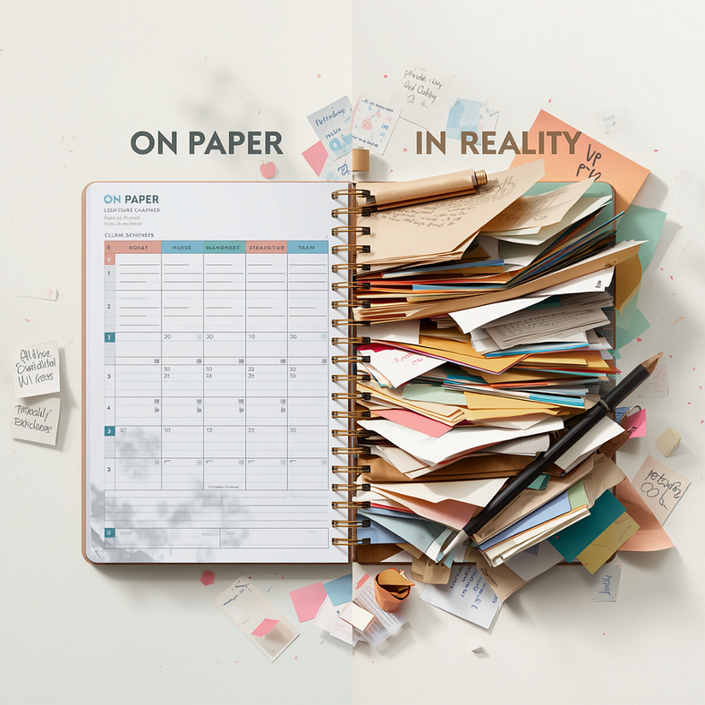Split image of a planner: left side shows a clean, structured schedule labeled ‘On Paper,’ while the right side shows an overflowing stack of tasks and materials labeled ‘In Reality,’ illustrating how time blocking appears organized but becomes overwhelming in practice