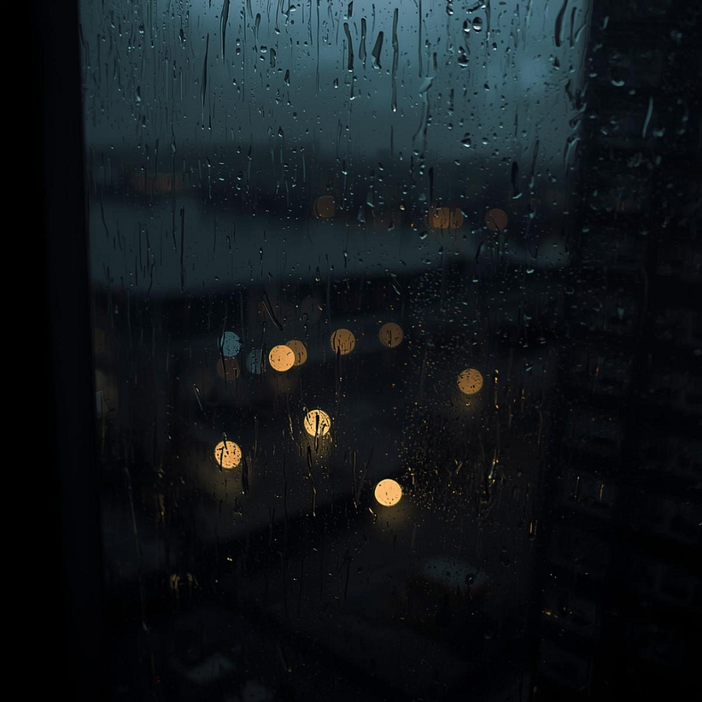 A rain‑streaked window with blurred city lights beyond, suggesting awareness without clarity and vision still coming into focus.