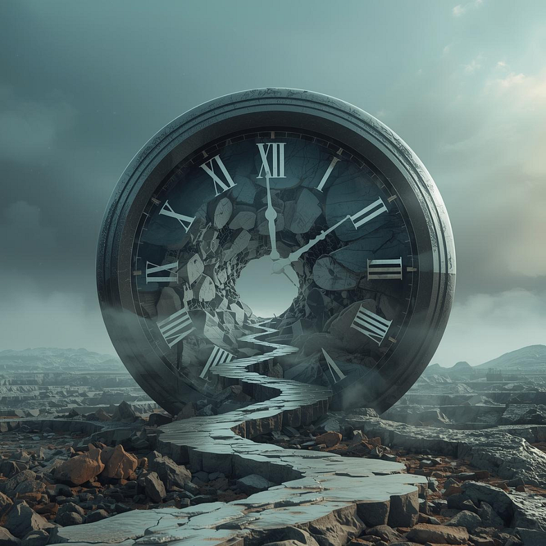 A large, abstract clock embedded in a landscape with a winding path leading toward it, symbolizing the passage of time and the journey of decisions shaping direction and control.