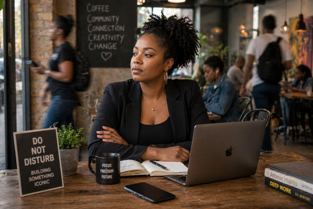 A Black woman sits at a café table with a notebook open, calmly writing while people move in soft blur around her; her phone rests face down, signaling a deliberate pause and protected thinking time amid a busy environment.