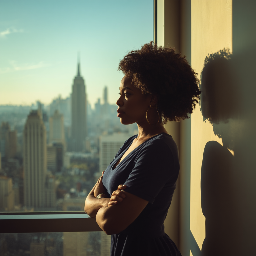Black woman standing thoughtfully beside a city window reflecting on mental overload, decision-making, and the emotional weight of modern ambition.
