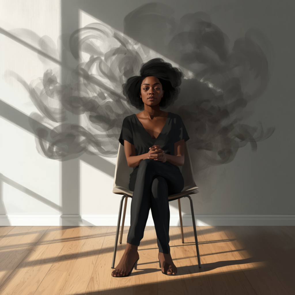 Black woman seated quietly while dark abstract shapes surround her, symbolizing decision fatigue, cognitive overload, and constant mental negotiation.
