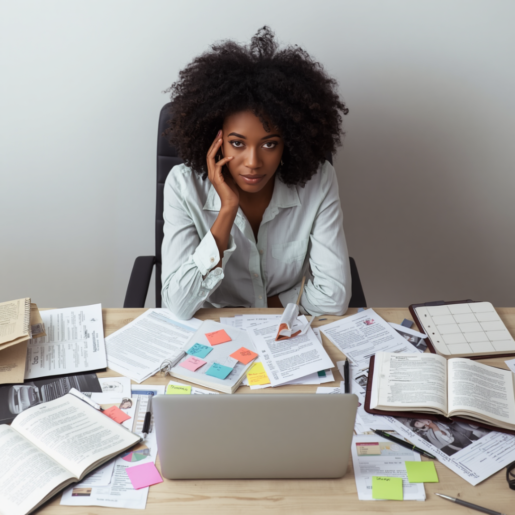 A Black woman entrepreneur seated at a desk surrounded by papers, laptop, calendar, sticky notes, and open notebooks — thoughtful, not frantic.