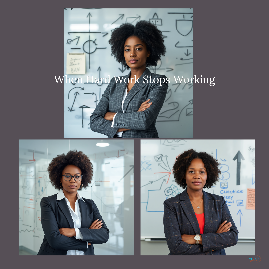 Three Black women executives standing confidently before strategy diagrams with the headline ‘When Hard Work Stops Working.