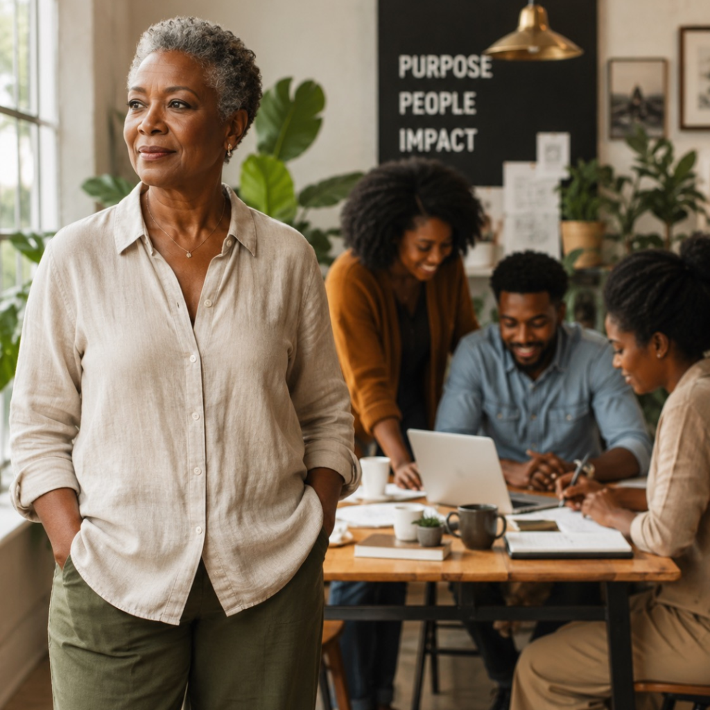 An editorial image of a confident Black woman standing near a working team while allowing them to manage the task independently, illustrating leadership, structured trust, and the ability to release control without compromising quality.

