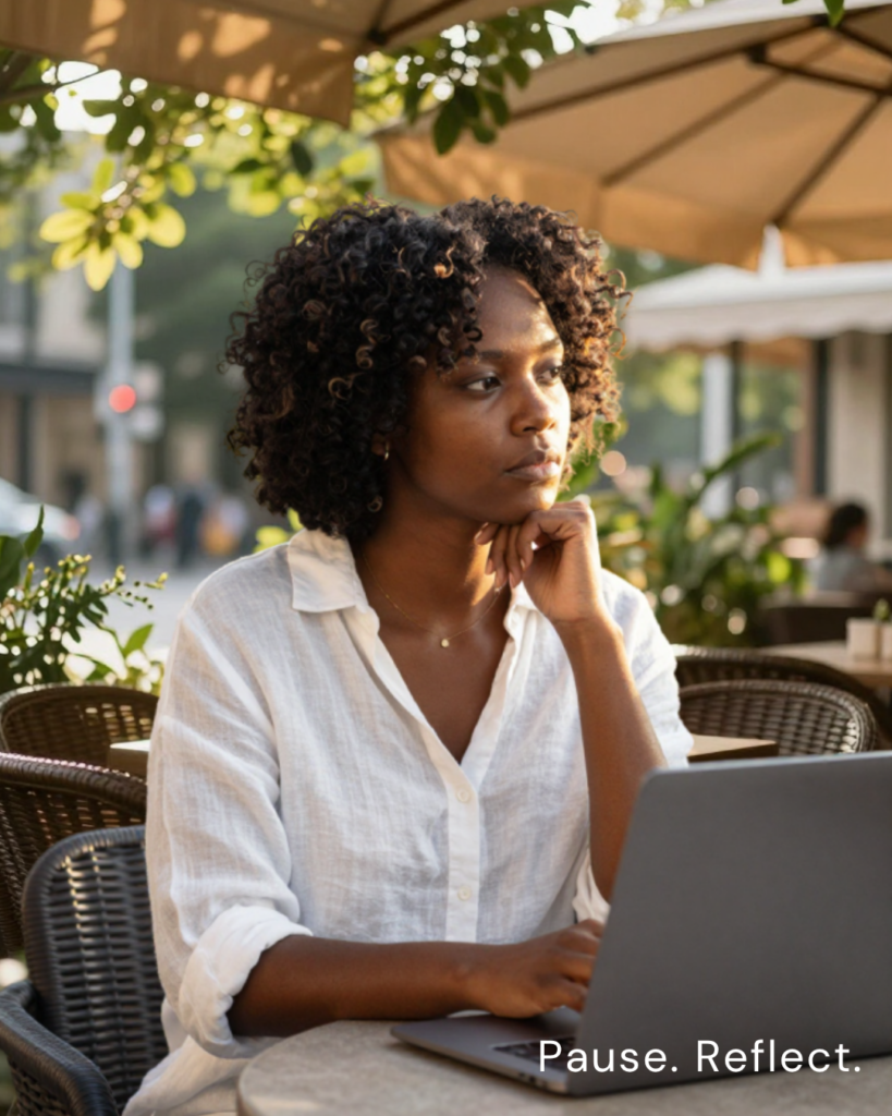 An editorial image of a Black woman seated in a relaxed outdoor setting during summer, with a laptop nearby and open space around her, representing the tension between work responsibilities and the desire for greater freedom.