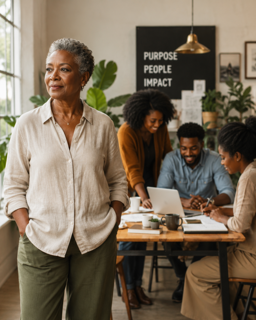 Black woman standing calmly apart from a team working independently, representing leadership, trust, and letting go without lowering standards.