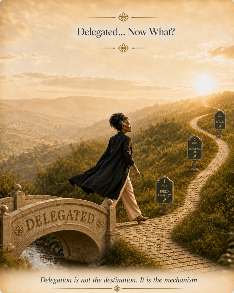 Black woman stepping off a bridge labeled Delegated onto a winding path marked Freed Capacity, Intentional Use, and Scale.