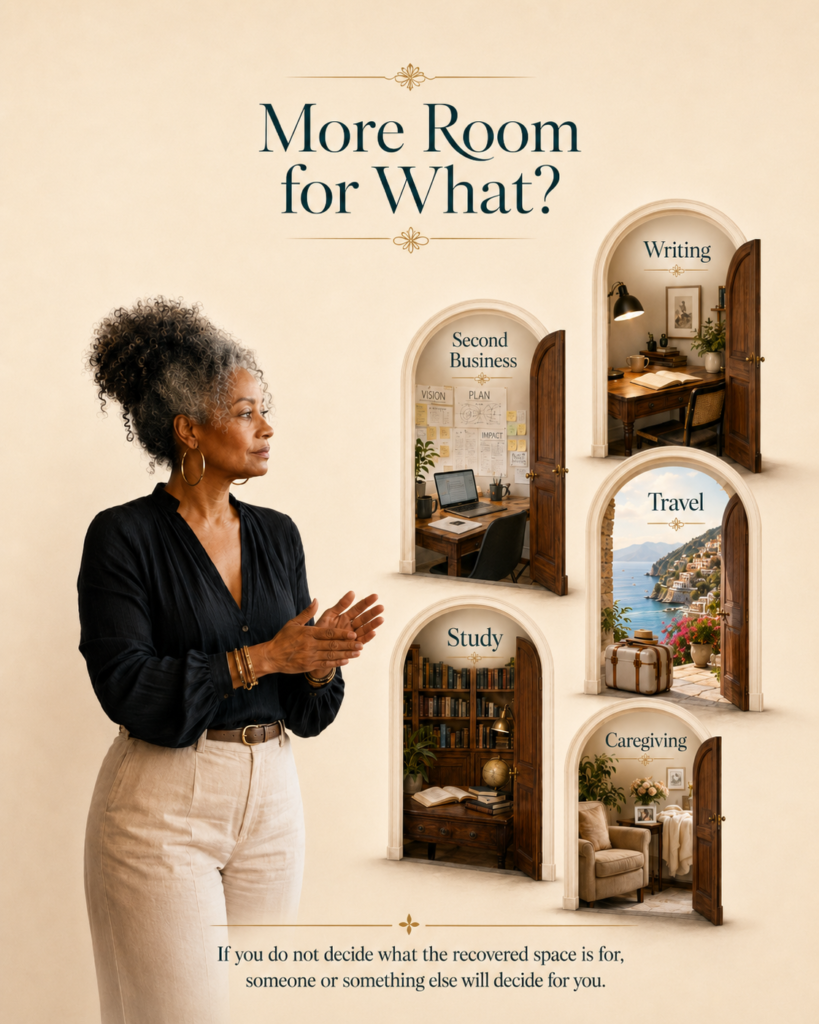 Black woman considering five open paths for writing, a second business, travel, study, and caregiving after creating more room in her life