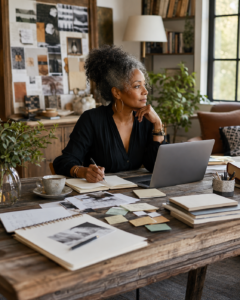 Black woman working in a creative, organized environment with multiple projects visible, representing flexible structure, constructive chaos, and scale.