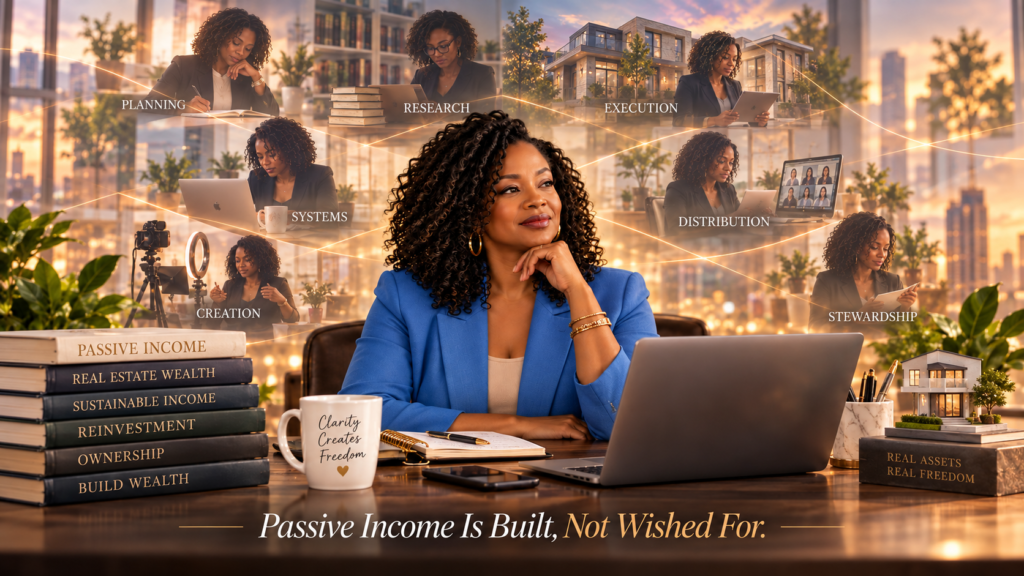 Black woman in a bright blue blazer seated at a desk, with layered scenes behind her showing planning, research, systems, creation, execution, distribution, and stewardship, illustrating that passive income is built through sustained work and structure.