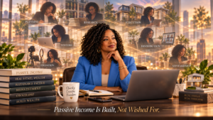 Black woman in a bright blue blazer seated at a desk, with layered scenes behind her showing planning, research, systems, creation, execution, distribution, and stewardship, illustrating that passive income is built through sustained work and structure.