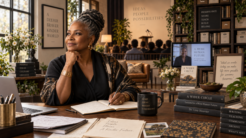Elegant Black woman seated at a writing desk in a warm editorial studio, surrounded by books, notes, and signs of teaching and authorship, suggesting that the ideas she creates continue beyond the moment.