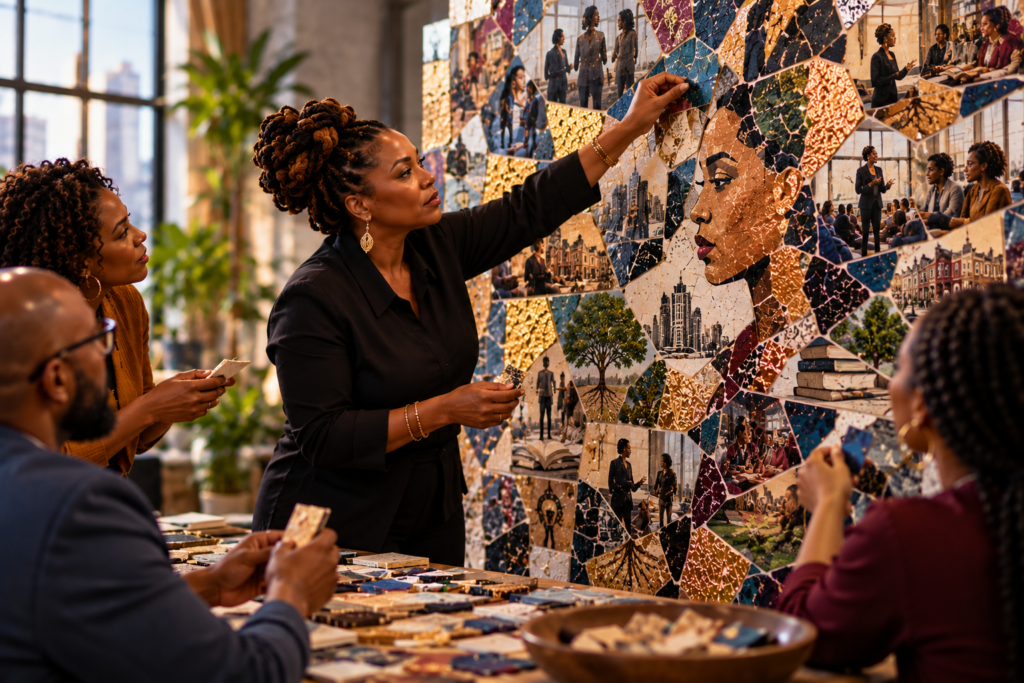 Black woman collaborating with other adults on a large, intricate mosaic incorporating portraits, cityscapes, books, and scenes of learning, symbolizing how shared knowledge evolves through teaching.