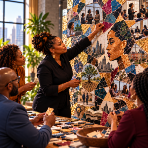 Black woman collaborating with other adults on a large, intricate mosaic incorporating portraits, cityscapes, books, and scenes of learning, symbolizing how shared knowledge evolves through teaching.