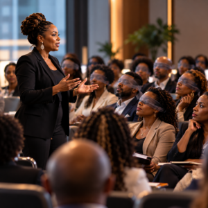 Black woman speaker addressing an attentive audience, several wearing translucent blindfolds, illustrating the difference between listening to a message and truly understanding it.
