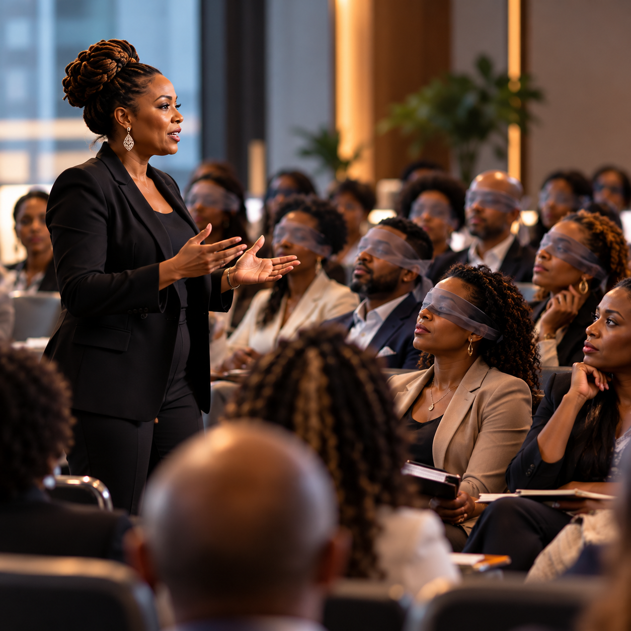 Black woman speaker addressing an attentive audience, several wearing translucent blindfolds, illustrating the difference between listening to a message and truly understanding it.